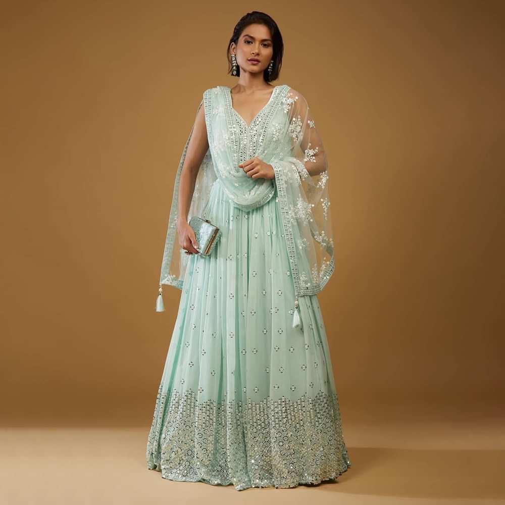 Powder Blue Anarkali Suit With Mirror Embroidery