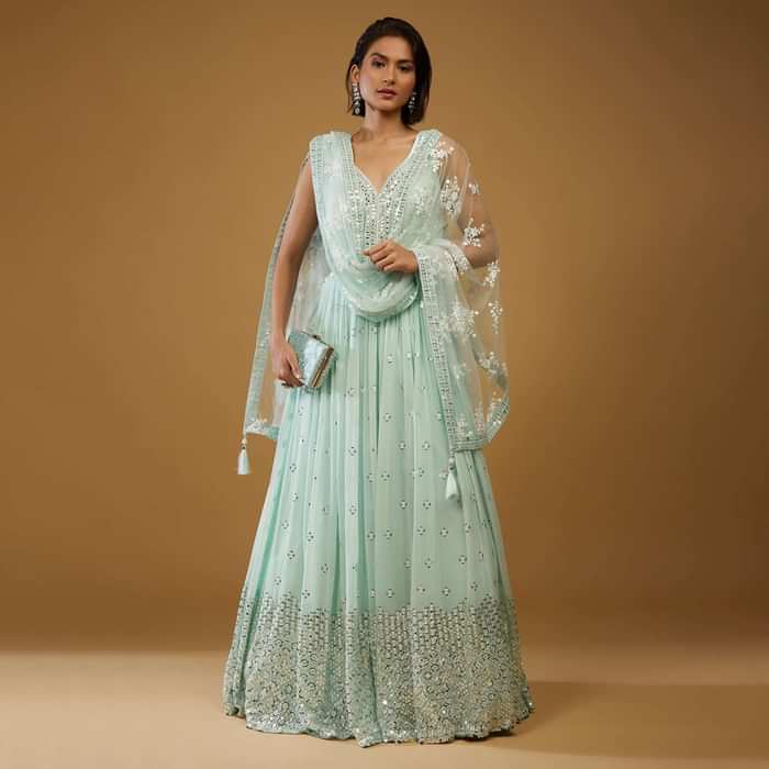 Powder Blue Anarkali Suit With Mirror Embroidery