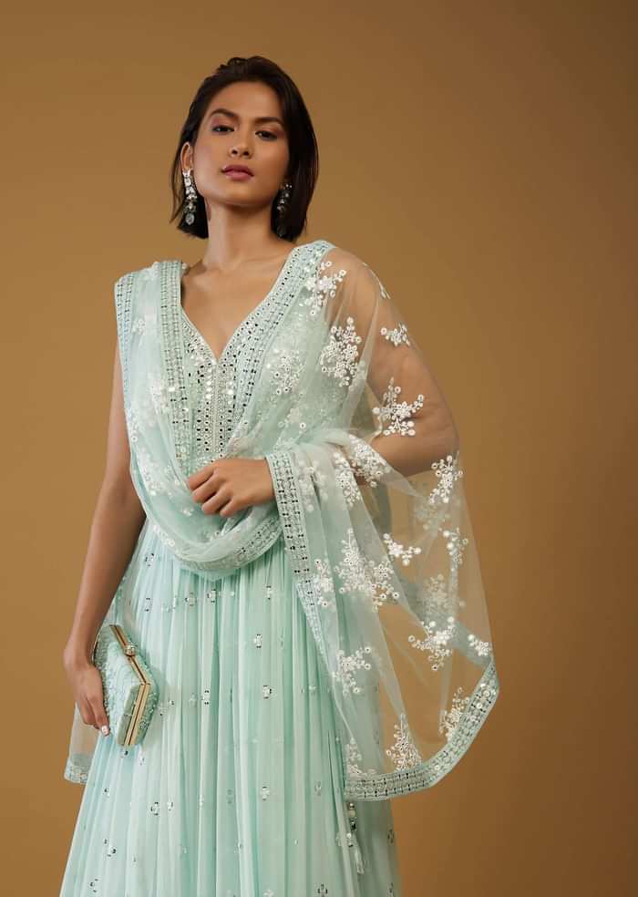Powder Blue Anarkali Suit With Mirror Embroidery