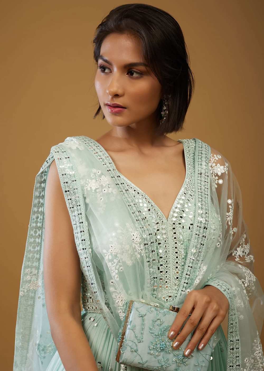 Powder Blue Anarkali Suit With Mirror Embroidery