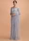 Cloud Grey Saree In Net With Kundan Work In Stripes Pattern And Feathers On The Pallu Online - Kalki Online