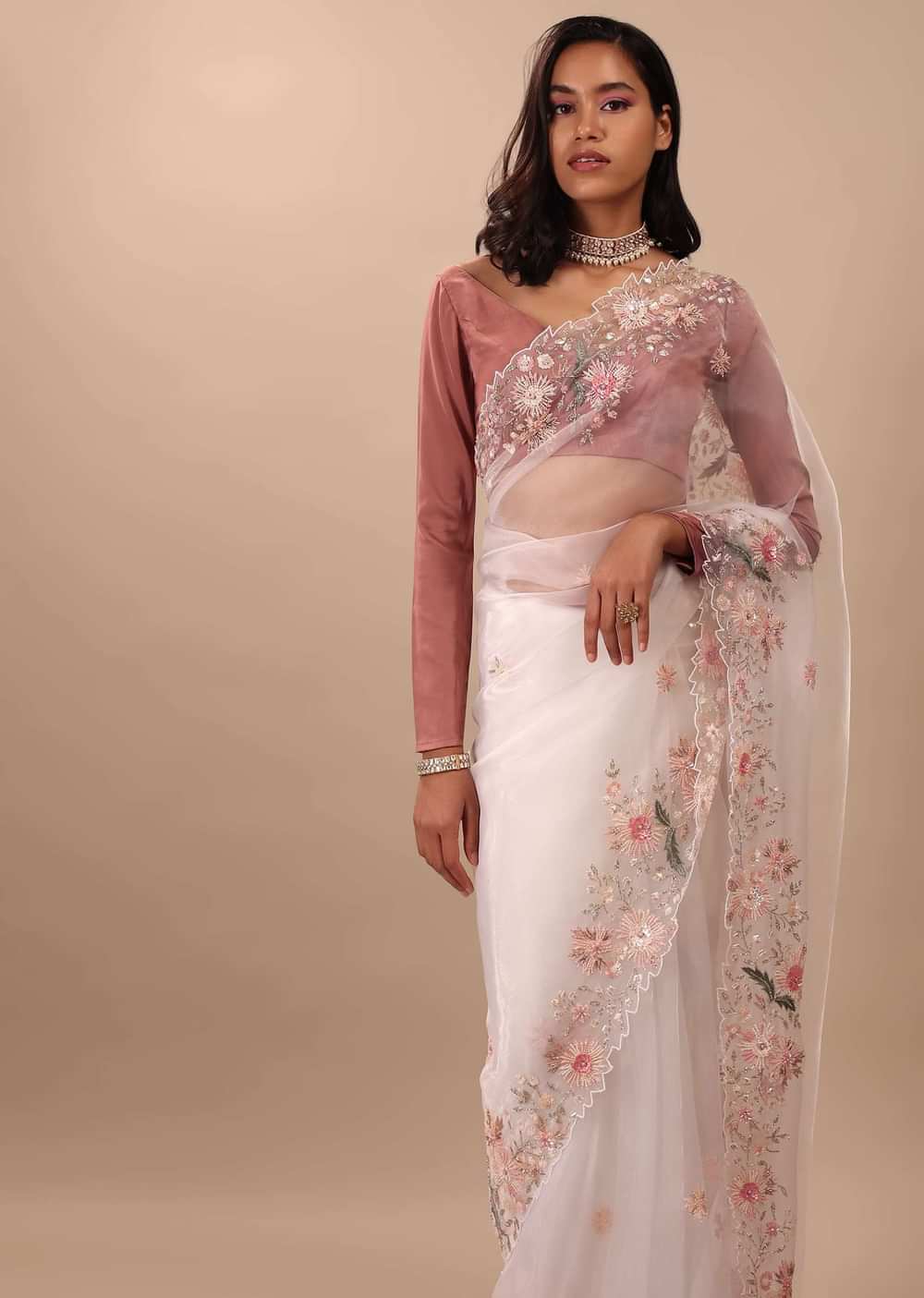 Daisy Dancer White Saree In Organza With 3D Floral Embroidery