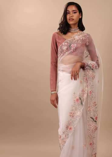 Daisy Dancer White Saree In Organza With 3D Floral Embroidery