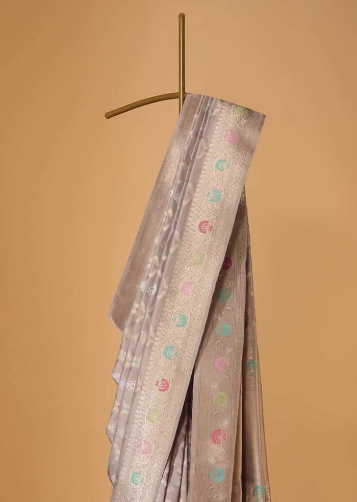 Cloud Grey Handloom Banarasi Saree In Katan Silk With 3-Gram Real Zari Weave And Unstitched Blouse