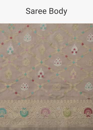 Cloud Grey Handloom Banarasi Saree In Katan Silk With 3-Gram Real Zari Weave And Unstitched Blouse
