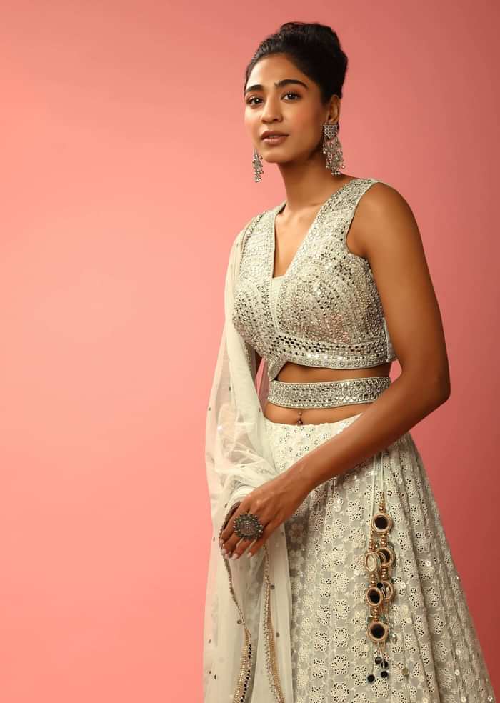 Cloud Grey Lehenga Choli In Georgette With Sequins Embroidered Jaal And Mirror Border
