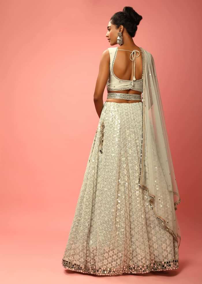 Cloud Grey Lehenga Choli In Georgette With Sequins Embroidered Jaal And Mirror Border