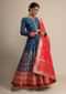 Cobalt Blue Anarkali Suit With Geometric Weave And Red Banarasi Dupatta