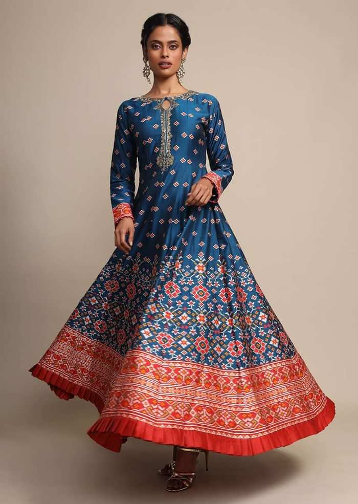 Cobalt Blue Anarkali Suit With Geometric Weave And Red Banarasi Dupatta