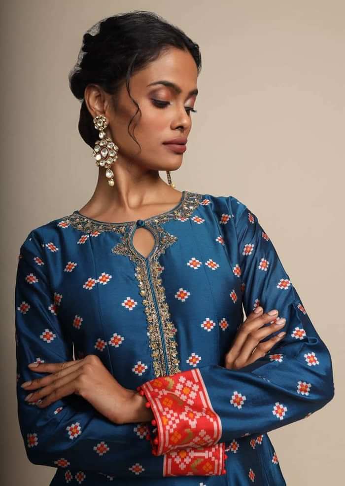 Cobalt Blue Anarkali Suit With Geometric Weave And Red Banarasi Dupatta