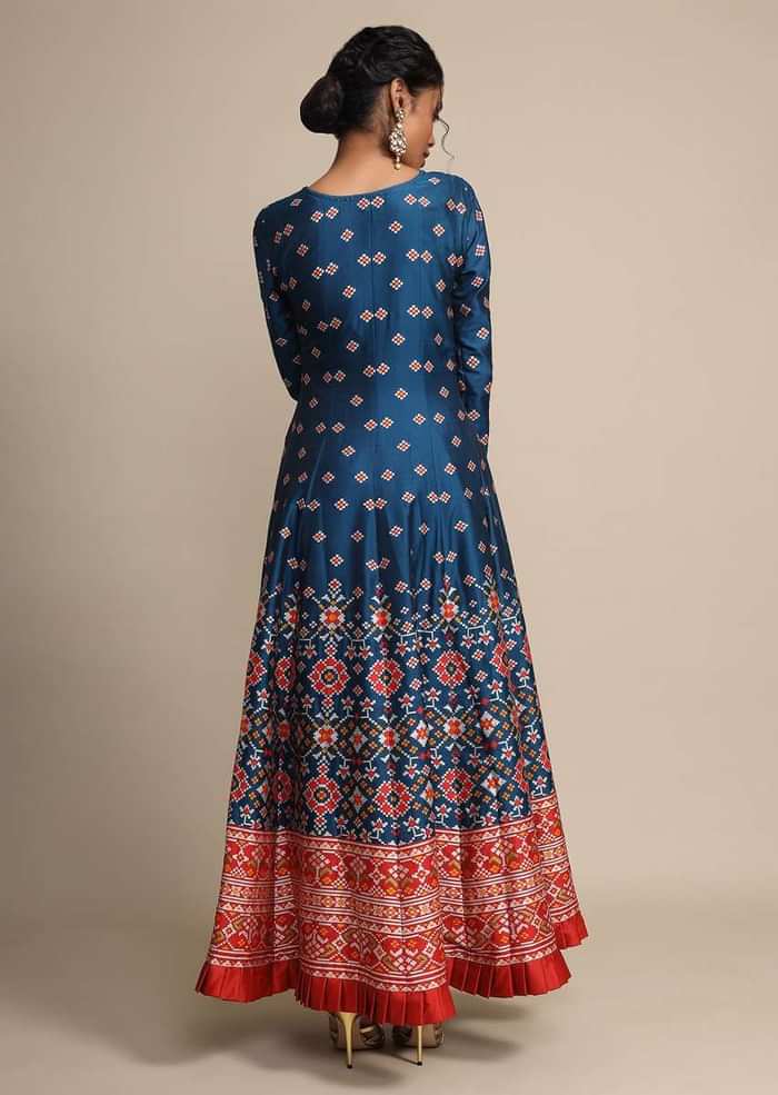 Cobalt Blue Anarkali Suit With Geometric Weave And Red Banarasi Dupatta