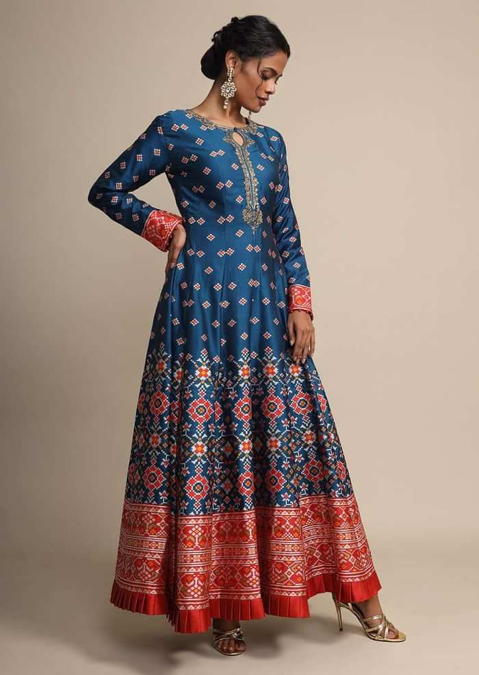 Cobalt Blue Anarkali Suit With Geometric Weave And Red Banarasi Dupatta