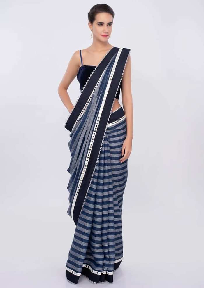 Cobalt blue and white striped linen saree with mirror embroidered border only on Kalki