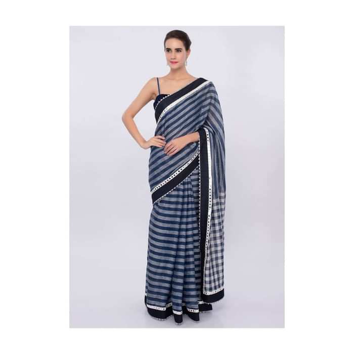 Cobalt blue and white striped linen saree with mirror embroidered border only on Kalki