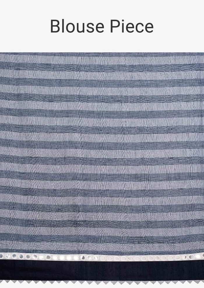 Cobalt blue and white striped linen saree with mirror embroidered border only on Kalki