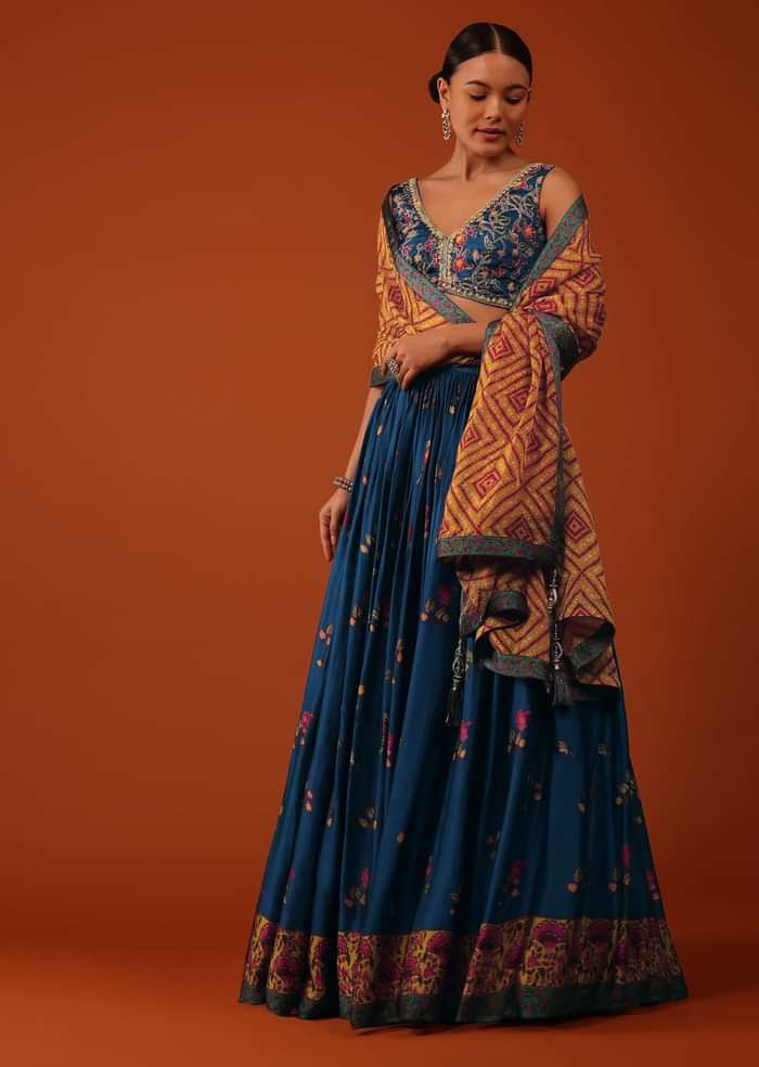 Cobalt Blue Embroidered Lehenga And Blouse Set In Satin