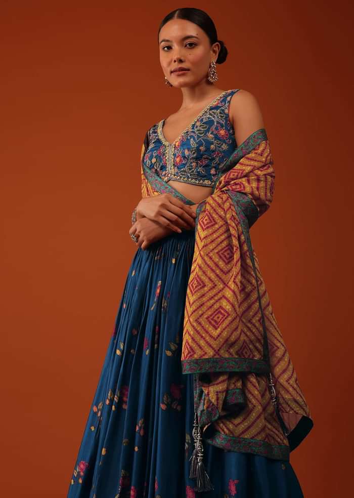 Cobalt Blue Embroidered Lehenga And Blouse Set In Satin