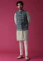 Cobalt Blue Jacket Kurta Set In Silk With Threadwork And Sequins