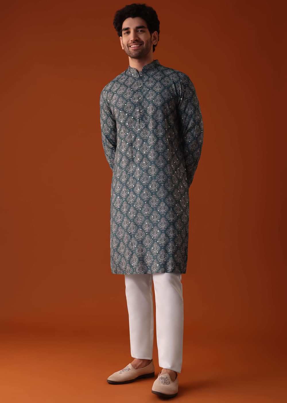 Cobalt Blue Kurta Set In Silk With Sequins Work