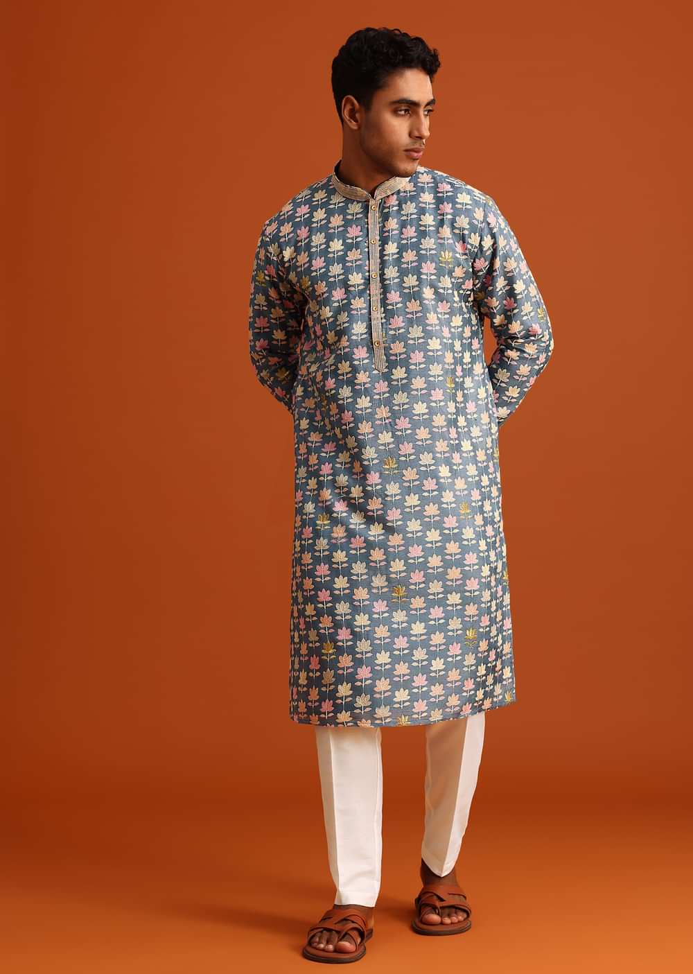 Cobalt Blue Printed Silk Kurta And Pant Set