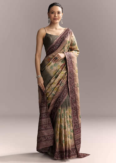 Coffee Brown Cotton Hand Painted Saree With Contrast Border