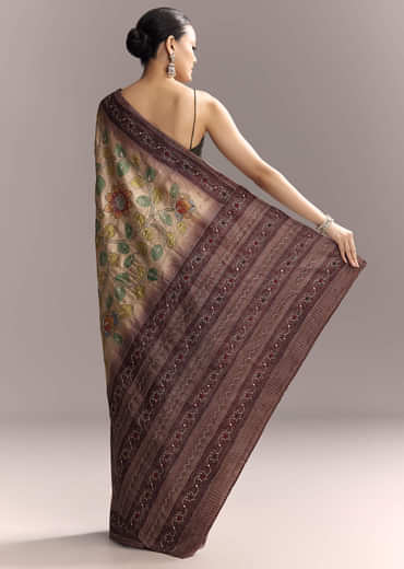Coffee Brown Cotton Hand Painted Saree With Contrast Border