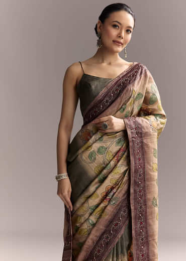 Coffee Brown Cotton Hand Painted Saree With Contrast Border