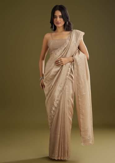 Coffee Brown Crushed Tissue Saree With Embroidered Scallop Border