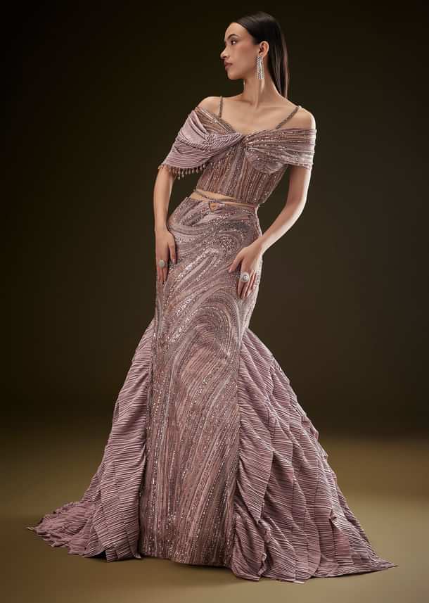 Coffee Brown Fish Cut Lehenga With Attached Trail