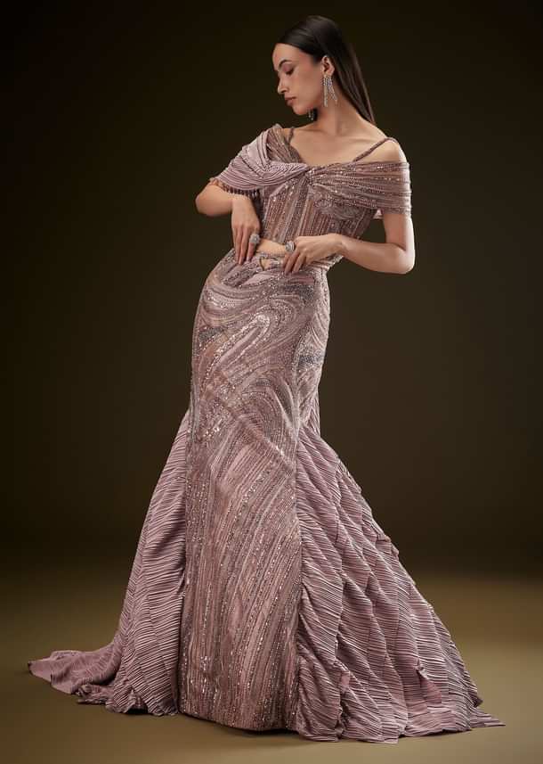 Coffee Brown Fish Cut Lehenga With Attached Trail