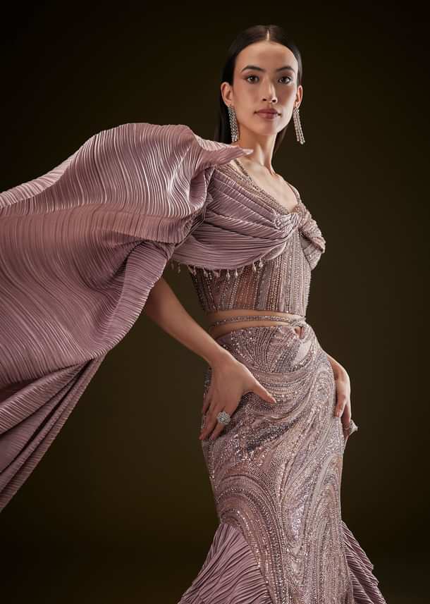 Coffee Brown Fish Cut Lehenga With Attached Trail