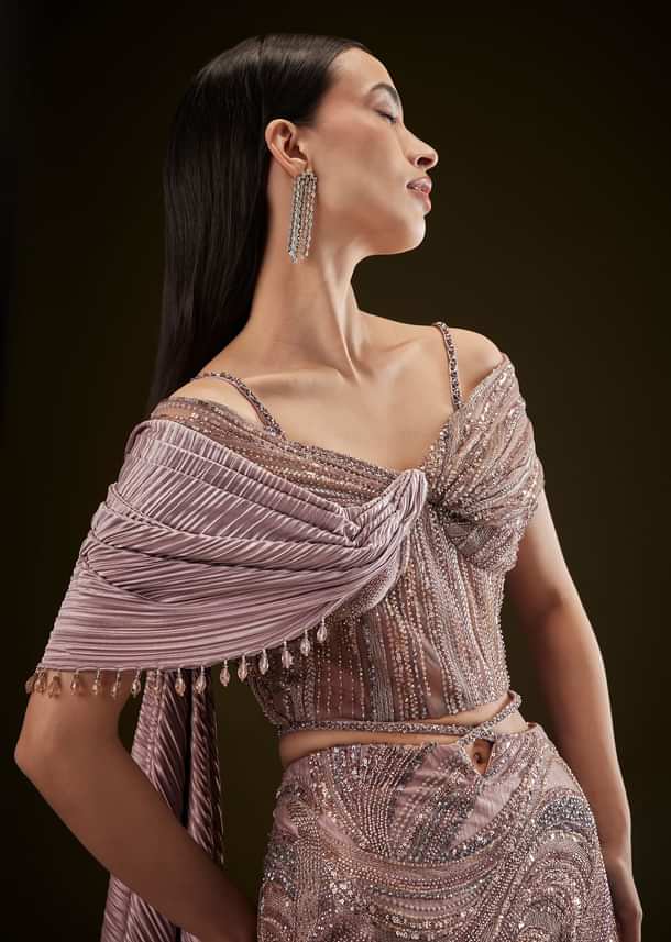 Coffee Brown Fish Cut Lehenga With Attached Trail