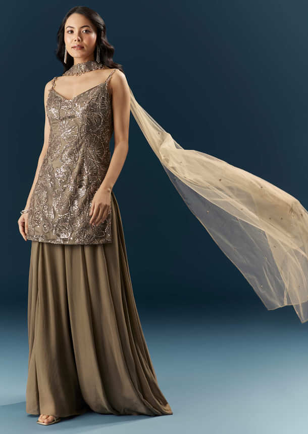 Coffee Brown Imported Georgette Sharara Suit With Heavy Embroidery Coffee Brown Imported Georgette Sharara Suit With Heavy Embroidery