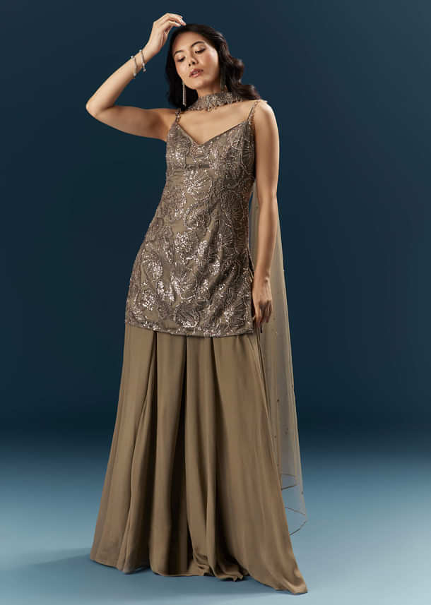 Coffee Brown Imported Georgette Sharara Suit With Heavy Embroidery Coffee Brown Imported Georgette Sharara Suit With Heavy Embroidery