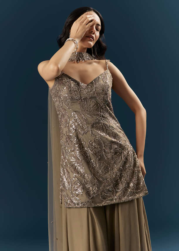 Coffee Brown Imported Georgette Sharara Suit With Heavy Embroidery Coffee Brown Imported Georgette Sharara Suit With Heavy Embroidery