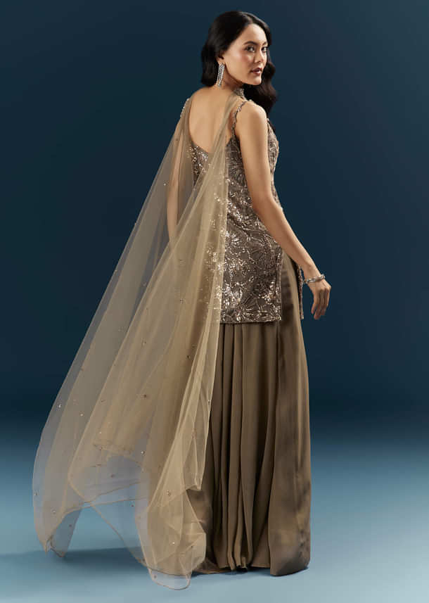 Coffee Brown Imported Georgette Sharara Suit With Heavy Embroidery Coffee Brown Imported Georgette Sharara Suit With Heavy Embroidery