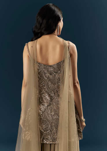 Coffee Brown Imported Georgette Sharara Suit With Heavy Embroidery