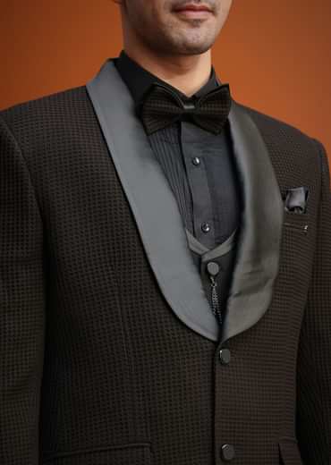 Coffee Brown Knit Tuxedo Set With Waistcoat And Bow