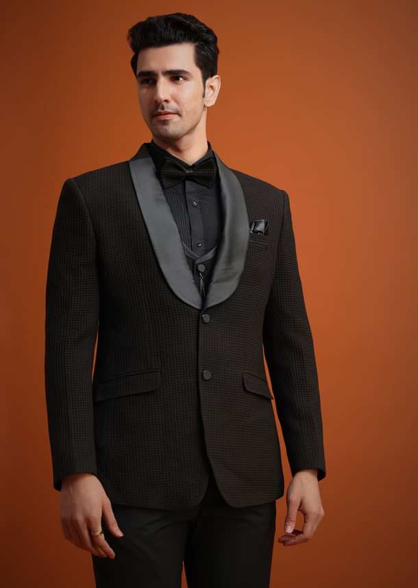 Coffee Brown Knit Tuxedo Set With Waistcoat And Bow Coffee Brown Knit Tuxedo Set With Waistcoat And Bow