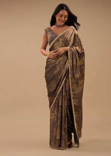 Coffee Brown Satin Saree With Floral Print And Blouse With Stone Work