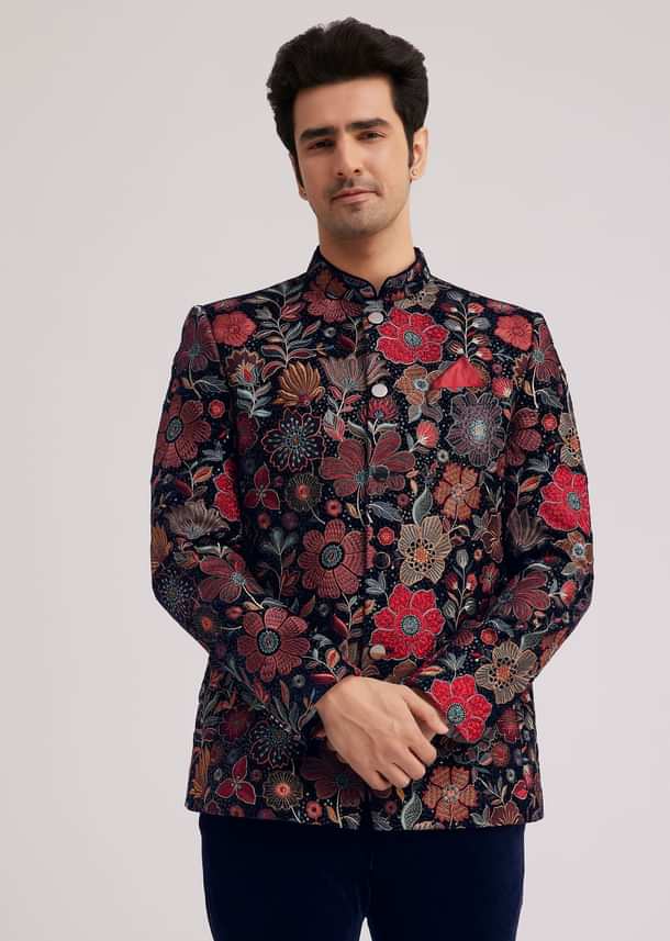 Coffee Brown Velvet Jodhpuri Set With Floral Embroidery