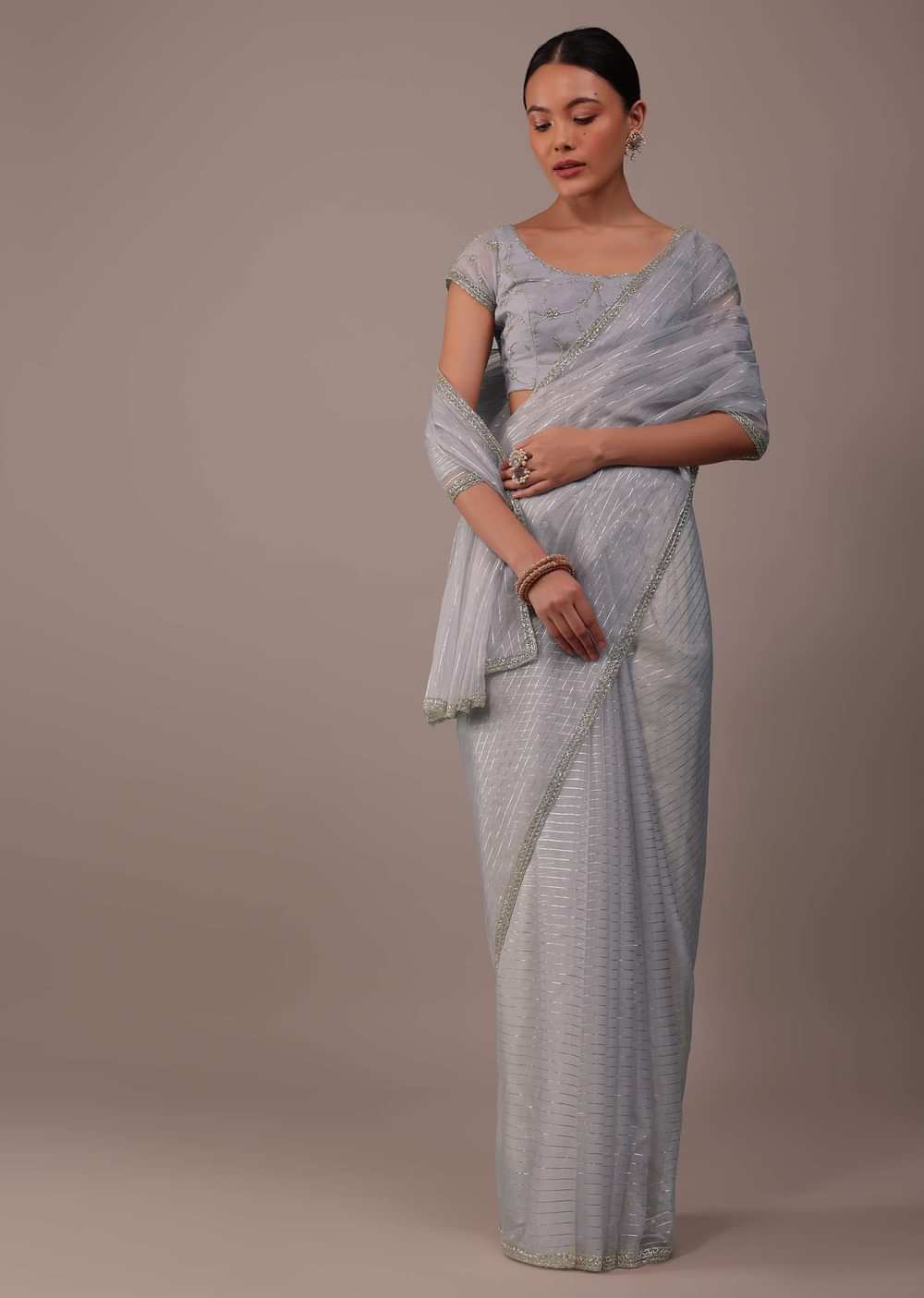 Cool Grey Organza Saree With Zari And Cut Dana Work