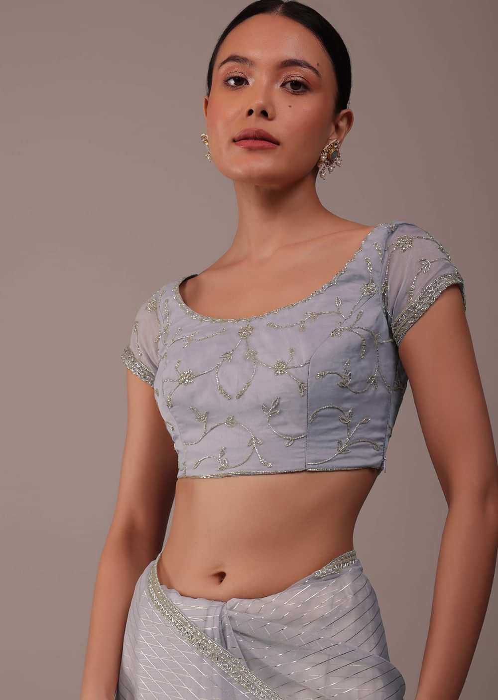 Cool Grey Organza Saree With Zari And Cut Dana Work