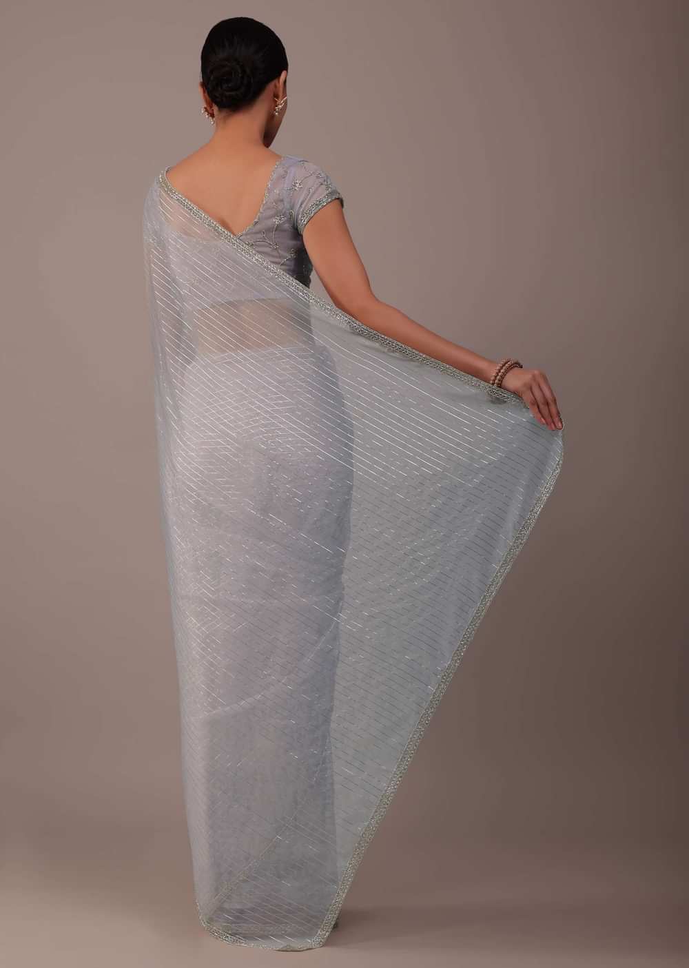 Cool Grey Organza Saree With Zari And Cut Dana Work
