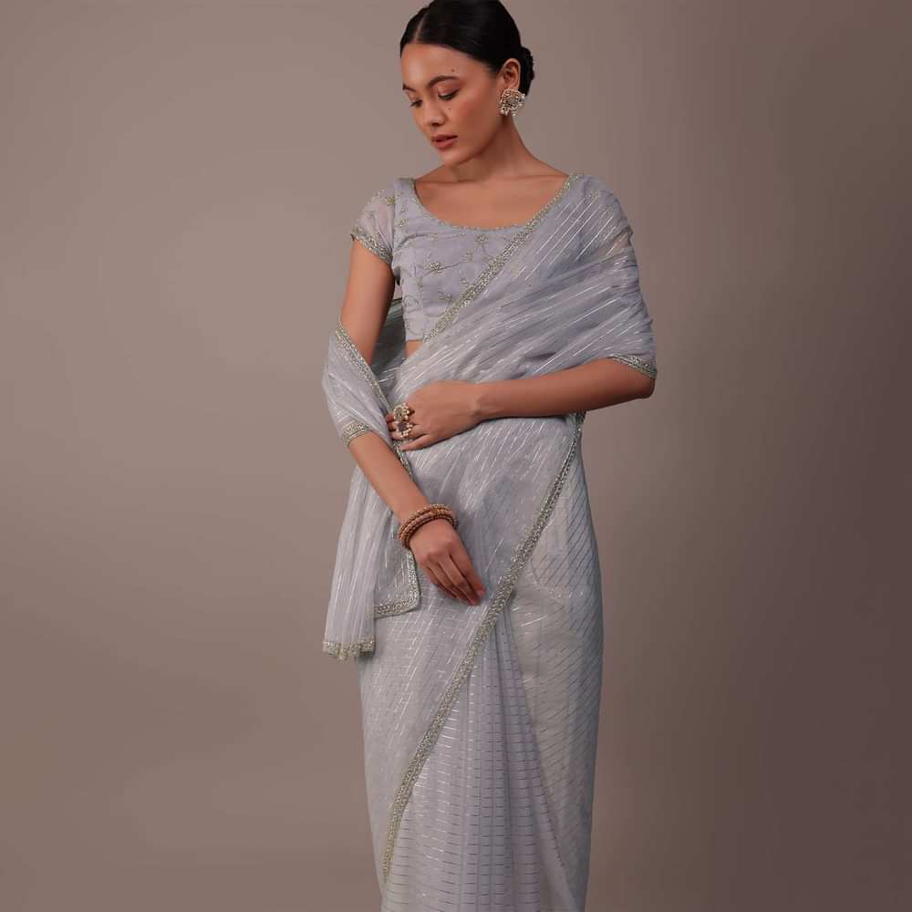 Cool Grey Organza Saree With Zari And Cut Dana Work