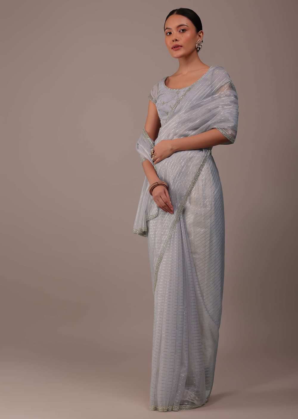 Cool Grey Organza Saree With Zari And Cut Dana Work