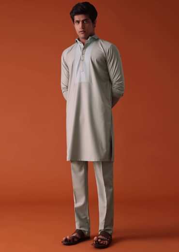 Cool Grey Pathani Kurta Set in Terry Rayon With Yoke Detailing