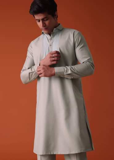 Cool Grey Pathani Kurta Set in Terry Rayon With Yoke Detailing