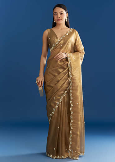 Copper Brown Organza Tissue Saree With Beaded Border