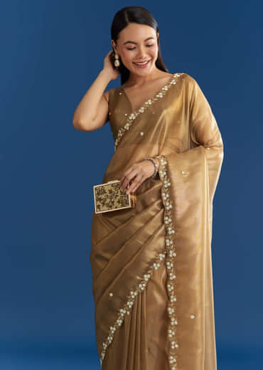 Copper Brown Organza Tissue Saree With Beaded Border